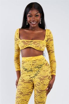 Top Features: floral lace, sexy, club wear, square neckline, square shoulder full sleeve, sheer, unlined, some stretch. Bottom Features: high waist, gold back zipper closure, fit and flare pant, maxi length, club wear, sexy, sheer, unlined, only stretchy in waist. Yellow Stretch Sets For Party, Lace Fitted Bottoms For Date Night, Fitted Sheer Long Sleeve Sets, Lace Sets For Spring Parties, Crop Top Pants Set, Pool Party Wear, Sweatshirt Jean Jacket, Scoop Neck Bodysuit, Women Cargo Pants