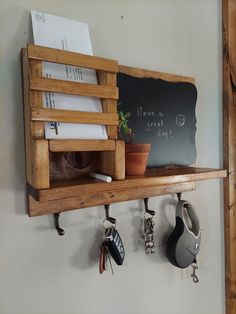 This hanging wall mounted organizer is great for storing mail, keys, hats, umbrellas, dog leashes, etc.  The organizer comes with chalk board and chalk.  Made with solid pine, stained an early american color and coated with two coats of polyurethane.  Perfect for entryway, office, kitchen, utility room,  or bedroom. Mail slot holds legal size envelopes.  Two picture hooks installed on back for easy hanging. Wall Organizer Ideas, Mail Holder Wall, Kitchen Wall Organizer, Wall Mounted Organizer, Hallway Organization, L Kitchen, Mail Room, Mail And Key Holder, Wand Organizer