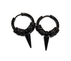 A PAIR of handmade Goth Punk aesthetic black steel Huggie Hoops dangle Earrings with spike. Great gift for her or gift for him, goth jewelry, punk earrings, grunge jewelry, emo jewelry, occult jewelry, pagan jewelry.   Dark fashion punk statement, goth fashion, or Shield Maiden... goes with everything!. PLEASE NOTE FOR RETURNS! If I accept returns on your purchase (check when ordering, some items are "no returns") your will receive a refund once I receive the item back, and your refund is MINUS  the original shipping fees, as I have already paid to ship it. So make sure to measure yourself and read the sizing well so you understand your preferred size. Nickel Free Gothic Jewelry For Streetwear, Gothic Pierced Jewelry For Concerts, Gothic Nickel Free Jewelry For Streetwear, Gothic Hoop Cartilage Earrings, Handmade Punk Streetwear Jewelry, Black Dangle Metal Piercings, Black Metal Dangle Piercings, Emo Streetwear Jewelry For Halloween, Adjustable Black Metal Piercings