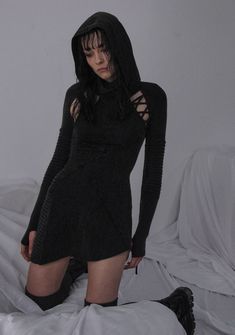 Frequency Asymmetrical Hooded Mini Dress - Black – Dolls Kill Edgy Stretch Dresses For Winter, Edgy Winter Dresses With Stretch, Edgy Long Sleeve Stretch Dress, Black Dolls, Free Socks, Ski Mask, Black Doll, Rave Outfits, Pin Tucks