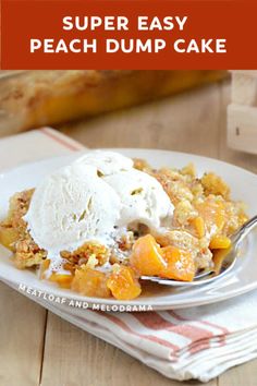 a white plate topped with a scoop of ice cream next to a bowl of peach dump cake