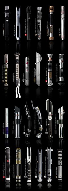 an assortment of different types of lighters on a black background with reflection in the middle