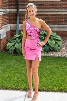 Modsele pink short homecoming dress features one-shoulder neck, cutout at side and cut glass mirror embellishments.#shortformaldresses#schooleventdress#holidaydress#graduationdress#cocktaildress#winterformal#winterformaldress Glamorous Sleeveless One Shoulder Dress For Homecoming, Pink One-shoulder Mini Dress For Homecoming, Pink Fitted One Shoulder Dress For Prom, One Shoulder Dress For Homecoming And Prom Season, Fitted Pink One Shoulder Dress For Prom, Summer Homecoming One Shoulder Sleeveless Dress, Summer One Shoulder Sleeveless Dress For Homecoming, Glamorous One Shoulder Dress For Summer Homecoming, Short Party Dress