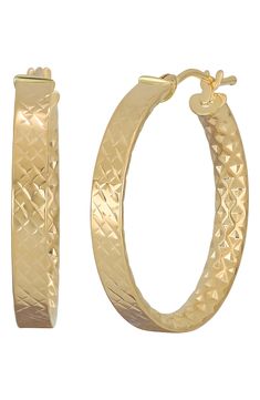 Faceted patterns texturize these luminous hoop earrings rendered from 14-karat gold and designed to add lustrous shine to any look. 3/4" diameter, 1/8" width 14k gold Made in Italy Small Hammered Hoop Earrings For Formal Occasions, Elegant Textured Jewelry For Anniversary, Textured Gold Plated Yellow Gold Jewelry, Textured Gold-plated Yellow Gold Jewelry, Textured Small Hoop Yellow Gold Earrings, Elegant Textured Gold Plated Hoop Earrings, Textured Yellow Gold-plated Jewelry, Textured Yellow Gold Plated Jewelry, Elegant Textured Yellow Gold Jewelry