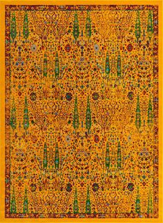 an orange and yellow rug with many different designs on the ground, including trees and flowers