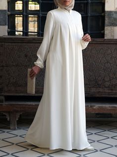 Box Pleated Soft Abaya - Abayas - Women | Shukr Clothing Ihram Clothing For Women, Model Dress Satin, Model Kaftan, White Abaya, Islamic Wear, Simple Abaya, Abaya Designs Latest, Model Gamis, Trendy Shirt Designs