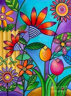 a painting of colorful flowers on a purple background