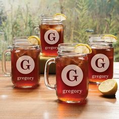 This lovely set of four personalized mason jars makes the perfect gift. We personalize these stylish mason jar glasses with a single initial and any name below. Make a great gift for weddings, housewarmings and other special events. Cheers! Personalize with 1 initial and name up tp 12 characters. Same personalization will appear on each glass. Color: Clear. Mason Jar Glasses, Personalized Mason Jars, Tea Gift Box, Grandparents Day Gifts, Glasses Clear, Personalized Couple Gifts, Cute Couple Gifts, Paper Gifts Anniversary, Diy Father's Day Gifts