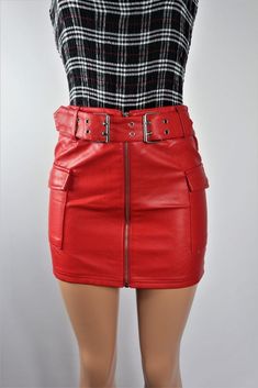 Red Faux Leather Skirt - High waisted front zipper red mini skirt with belt. Fall Mini Skirt With Belt Loops, Fall High Waist Belted Mini Skirt, High Waist Belted Mini Skirt For Fall, Belted High-waist Mini Skirt For Fall, Belted High Waist Mini Skirt For Party, Belted Mini Skirt For Night Out In Fall, Belted Mini Skirt For Fall Night Out, Fall Season Belted Mini Skirt For Night Out, Red High Waist Mini Skirt For Fall