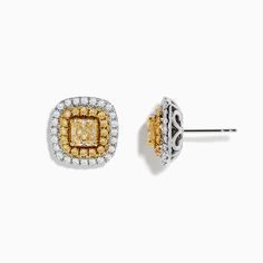 Effy Canare 14k Two Tone Gold Cushion Halo Yellow Diamond Statement Stud Earrings 2.34 TCW Statement Stud Earrings, Cushion Halo, Gold Cushions, Diamond Stud Earrings, Diamond Stud, Yellow Diamond, Diamond Earrings Studs, Gold Yellow, Diamond Studs