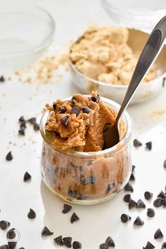 two bowls filled with chocolate chip cookie dough and oatmeal toppings next to each other