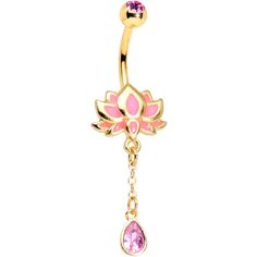 a pink and gold belly ring with a flower design on the end, hanging from a chain