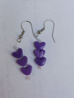 heart earrings Purple Dangle Heart Earrings For Pierced Ears, Adjustable Heart Beads Dangle Earrings, Purple Heart Earrings With Heart Charm, Adjustable Heart-shaped Earrings, Adjustable Heart Earrings With Ear Wire, Handmade Purple Heart Earrings For Valentine's Day, Adjustable Heart-shaped Beaded Earrings, Heart Beaded Earrings, Purple Yellow Orange