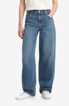 This take on '90s dad jeans is cut from nonstretch denim with extra-roomy wide legs that are meant to be worn stacked at the hem. 16" leg opening; 10 3/4" front rise; 15 1/2" back rise (size 29x32) Zip fly with button closure Five-pocket style 100% cotton Machine wash, tumble dry Imported Straight Leg Jeans With Sneakers, Dad Jeans Outfit, Colorful Fall Outfits, Medium Jeans, Style Rut, Full Midi Skirt, Jeans Levis, Sally Face, Dad Jeans