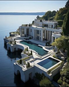 an aerial view of a mansion on the water's edge with a swimming pool