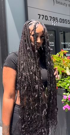 Large Knotless Box Braids Boho, Jumbo Knotless Boho Braids, Big Boho Knotless Braids, Big Knotless Braids With Curls, Large Boho Box Braids, Jumbo Bohemian Knotless Braids, Large Knotless Braids With Curly Ends, Large Knotless Box Braids With Curls, Large Goddess Braids