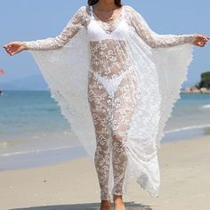 White Loose And Flowy , Sheer And Sexy Gothic Beauty Floral Lace Floor Length Maxi Dress/ Lingerie / Beach Coverup Free Size Fits Most But Due To Length It May Be Too Long For Petite Heights Without Heels Length 60" Bust 84" Polyester , Soft With Some Stretch This Could Be Made Part Of A Custom Costume With It's Flowy Sleeves - Maybe A Pretty Ghost , Or Under Butterfly Or Moth Wings To Make The Wings Seem Longer And More Full Black Is Also Shown For Details. More Colors Are Listed Separately In Gothic Bohemian, White Floral Lace Dress, Ruffle Long Dress, Floor Length Maxi Dress, Moth Wings, Blue Evening Gowns, Cover Up Beach, Dress Lingerie, Green Gown