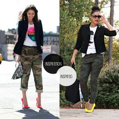 How To Wear Camo Pants, Pants For Plus Size Women, Pants For Plus Size, Camo Trousers, Camo Pants Outfit, Cargo Pants For Women, Bright Shoes, Camouflage Fashion, Yellow Pumps