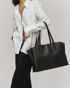 Paloma Tote Black - Luxury Vegan Work Bag – Freja New York Work Tote Bag, Work Tote, Black Luxury, Pocket Light, Work Bag, Black Tote, Leather Zipper, Accessories Branding, Popular Style