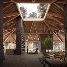 the inside of a large wooden building with lots of windows and wood beams on the ceiling