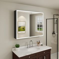 a bathroom with a sink, mirror and shower stall in it's own area