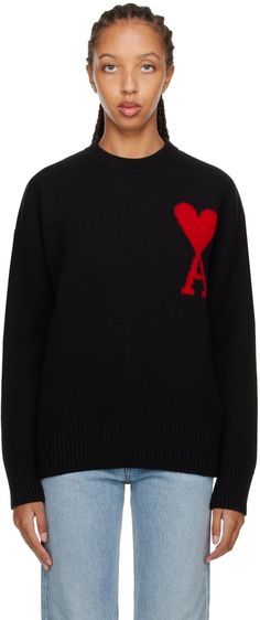 Knit virgin wool sweater. · Rib knit crewneck, cuffs, and hem · Intarsia logo at chest Supplier color: Black/Red Paris Clothing, Ami Alexandre Mattiussi, Alexandre Mattiussi, Ami Paris, High Neck Sweater, Sweater Collection, Drop Shoulder Sweaters, Embroidered Sweater, Red Skirts