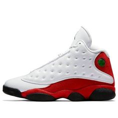 The Air Jordan 13 Retro 'Chicago' 2017 is a return to the OG design of the popular Air Jordan 13 silhouette. The sneaker features a white premium leather upper with team red suede on the base, heel, and midsole. The Jumpman branding is in black, while the outsole and heel feature a green hologram. This is a limited edition sneaker, so don't miss your chance to own a piece of history. (SNKR/High Top/Basketball/Shock-absorbing) Classic Low-top Basketball Shoes For Sports Events, White Mid-top Jordan Shoes For Sports Events, Leather Jordan Shoes For Sports Events, Casual White Jordan Shoes With Breathable Design, Casual White Jordan Shoes With Breathability, Casual White Breathable Jordan Shoes, White Breathable Jordan Shoes For Sports Events, Breathable Leather Jordan Shoes With White Sole, Classic Sneakers For Sports Events