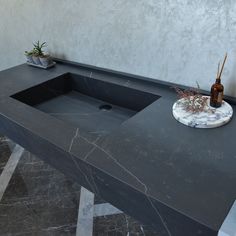 a bathroom sink sitting on top of a counter next to a vase with plants in it