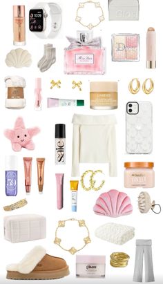 the contents of a woman's purse are arranged on a white background with gold accents