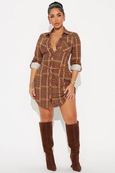 Available In Brown/combo And Orange/combo. Mini Shirt Dress Collared Neckline Long sleeves Button up Length = 33" Disclaimer: Plaid Placement Will Vary 97% Polyester 3% Spandex Imported | Sweet As Honey Mini Shirt Dress in Brown size XS by Fashion Nova Trendy Mini Shirt Dress For Fall, Fall Trendy Mini-length Shirt Dress, Trendy Fall Mini Shirt Dress, Fitted Shirt Dress For Fall Day Out, Trendy Collared Mini Dress For Fall, Brown Fitted Long Sleeve Shirt Dress, Brown Button-up Shirt Dress For Fall, Brown Mini Length Shirt Dress For Fall, Fitted Shirt Dress For Fall Daywear