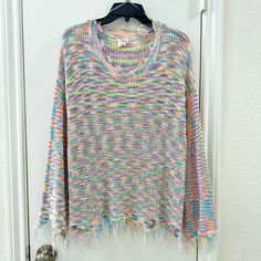 Nwt Pol Brand Pastel Sweater Chewed Hem Distressed Sweater Distressed Details Never Worn Oversized Size Small Approx Measurements: Armpit To Armpit- 21.5" Armpit To Hem- 15" One Size Multicolor Spring Sweater, Multicolor Knit Sweater For Spring, Colorful Crew Neck Sweater For Spring, Multicolor Open Knit Sweater, Colorful Cozy Sweater For Spring, Casual Multicolor Soft Knit Tops, Casual One Size Spring Sweater, Colorful Oversized Casual Sweater, Trendy Multicolor Open Knit Sweater