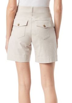 Designed with slant pockets, these shorts from Gloria Vanderbilt provide a flattering shaping effect. | Gloria Vanderbilt Women's Petite Shape Effect Shorts, 14P Fitted Spring Cargo Shorts, Fitted Cargo Shorts For Spring, Cotton Above Knee Shorts With Pockets, Beige Bermuda Shorts With Belt Loops, Gloria Vanderbilt, Technology, Design