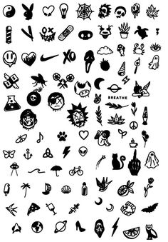 various black and white tattoos on a white background