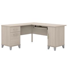 an l shaped desk with two drawers on each side and one drawer open at the top