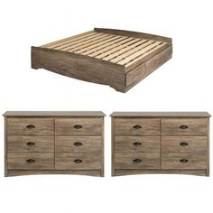 a bed, dresser and night stand are shown in three different angles with the same wood finish