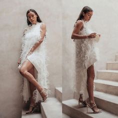 two photos of a woman in white dress standing on stairs