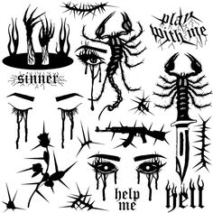 black and white tattoos with different types of eyes, nails and other things on them