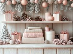 pink and white christmas decorations on shelves with pine cones, balls, fir trees, presents and gifts