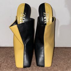 Kill Bill Vibes Super Cool Two Toned Mules. New Condition-Never Worn Outside. Yellow Synthetic Mules With Round Toe, Yellow Open Toe Synthetic Mules, Yellow Casual Mules For Spring, Yellow High Heel Mules For Party, Yellow Closed Toe Spring Mules, Trendy Yellow Mules For Spring, Yellow Closed Toe Heels In Synthetic Material, Yellow Synthetic Closed Toe Heels, Chic Yellow Mules For Party