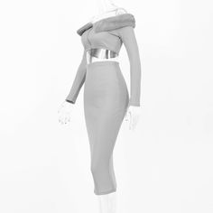 Women Off Shoulder Fur Plus Midi Skirt Bodycon Two Piece Grey Chic Matching Set L0159 Fitted Pencil Skirt For Winter Party, Fitted Winter Party Pencil Skirt, Winter Club Skirt With Stretch, Winter Party Pencil Skirt, Winter Party Mini Pencil Skirt, Elegant Club Skirt For Winter, Elegant Winter Club Skirt, Winter Club Fitted Skirt, Bodycon Two Piece