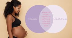 a pregnant woman standing in front of a wall with the words hypnosis written on it