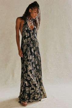 Turn heads in this forever special maxi dress featured in a halter style silhouette with metallic gold detailing throughout and adjustable tie neckline for added versatility. * Pleating at bottom * Fully lined design * Exposed back detail | Holding On Convertible Maxi Dress by Free People in Black, Size: XS Extra Dresses, Convertible Maxi Dress, Leopard Maxi Dress, Black Tie Dress, Women's Evening Dresses, Feather Dress, Pleated Maxi Dress, Pleated Maxi, Maxi Dress Green