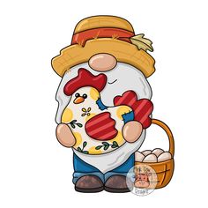 a cartoon character holding an egg in his hand and wearing a straw hat on top of it