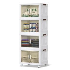 three tiered storage unit in white with plastic bins on the bottom and sides