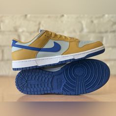 Nike Dunk Low Next Nature Wheat Gold Yellow Blue Royal Dn1431-700 Women Size 11 / Men Size 9.5 Nike Airmax 98, Nike Dunk Low Next Nature, Nike Classic Cortez Leather, Huraches Nike, Nike Cleats, Leopard Print Sneakers, Nike Classic Cortez, Yellow Sneakers, Quinceanera Ideas