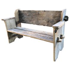 an old wooden bench sitting on top of a white background