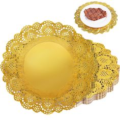 a yellow doily with a plate next to it