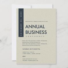 a white and blue business card with the words, annual business conference on it's front