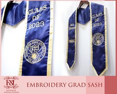 Embroidery Graduation Sash  Custom graduation sash, handcrafted to make your big day even more memorable! Whether you're graduating from high school, college, or any other program, this sash can be tailored to reflect your unique personality and accomplishments. 🎉 Product Details 🎉 ‣ Made from High-quality satin fabric in a variety of colors. ‣ Choose your sash color, font style, and thread Colors! Add your name, school name, graduation year, degree title, or even a special message. ‣ You can add custom logos to make your sash stand out even more. ‣ Choose from multiple Font styles and Thread colors. ‣ Available in various Size Small to 2XL. ‣ Perfect for High School & College Graduates, Nursing Graduates, Law School, Medical School, and other specialties ‣ Material : 100% Satin Ribbon. Sash Graduation, Custom Graduation Stole, Pageant Sashes, Graduation Sash, College Graduates, Graduation Stole, Graduation Year, Wedding Sash Belt, Nursing Graduation