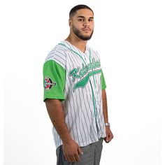 A classic throwback of the Jarius 'G-Baby' Evans Kekambas Baseball Jersey has landed at Jersey Nation. Inspired by Hardball and made from 100% recycled polyester fibres, this jersey design has an easy, relaxed fit that looks great on anybody. Available now at Jersey Nation while stock lasts!- Jarius 'G-Baby' Evans Kekambas Baseball Jersey- Fully embroidered graphics: Team, Name, Number detailing, logo- 100% polyester heavyweight fabric- Breathable and dry wicking material- Premium tackle twill s Black Casual Jersey With Three Stripes, Casual Black Three Stripes Jersey, Green Sporty Baseball Jersey With Baseball Collar, Green Baseball Jersey With Baseball Collar, Green Cotton Sports Jersey, Three Stripes Jersey For Streetwear, Casual Baseball Jersey With Three Stripes, Casual Three-stripes Baseball Jersey, Sporty Green Jersey For Training